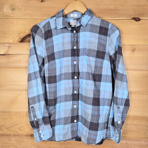 J Crew Boy Fit Plaid Blue Gray Casual Flannel Long Sleeve Shirt Womens Size S
